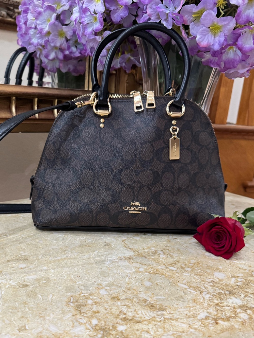 Coach Brown Signature Dome Satchel with Black Trim and Gold Hardware